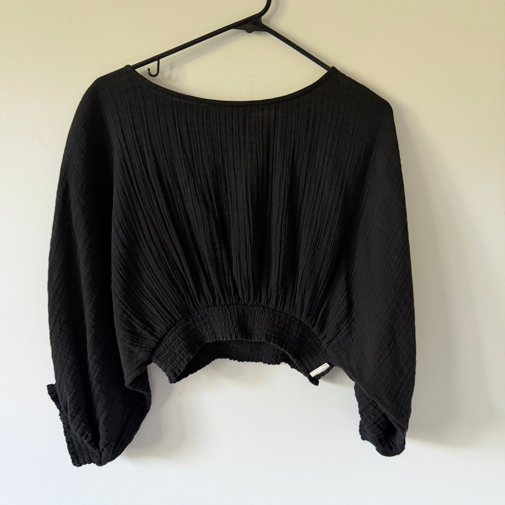 Sea Level Swim Australia Black Cotton Gauze Smocked Crop Top Balloon Sleeve S